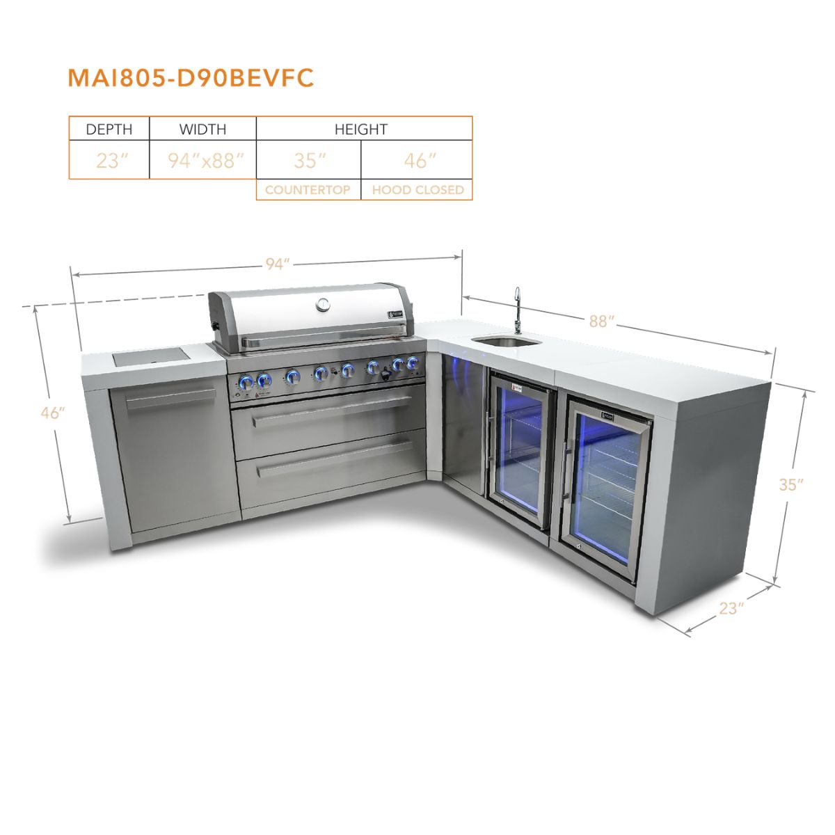 Mont Alpi 6-Burner Deluxe island with 90-degree corner,beverage center nad fridge cabinet
