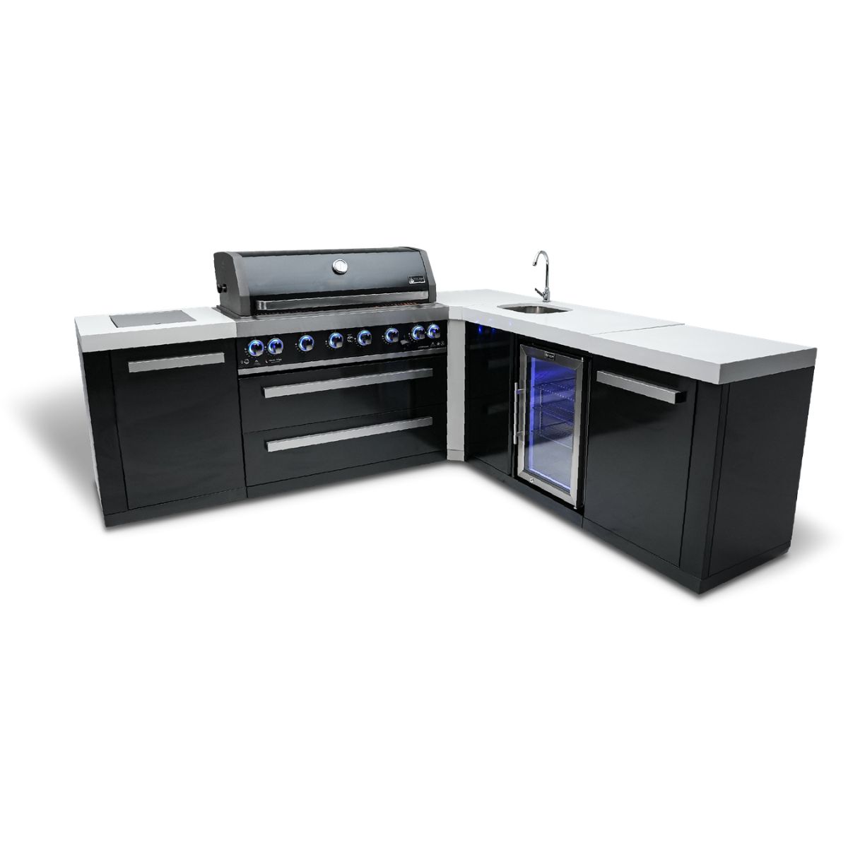 Mont Alpi 805 Black Stainless Steel Island with a 90-degree corner and beverage center