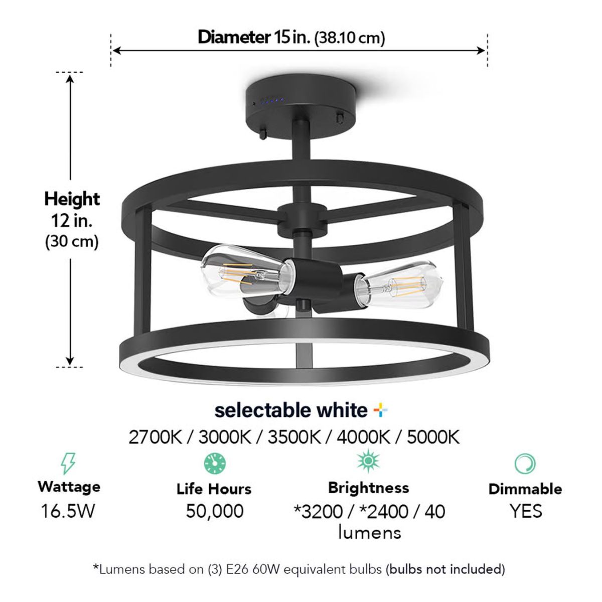 Feit Electric Katalyst 15 in. 3-Light Matte Black Color Choice Selectable CCT LED with Night Light Semi-Flush Mount Ceiling Light