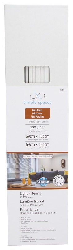 Simple Spaces FWMB-34 Cordless Mini Blind, 60 in L, 72 in W, Faux Wood, White