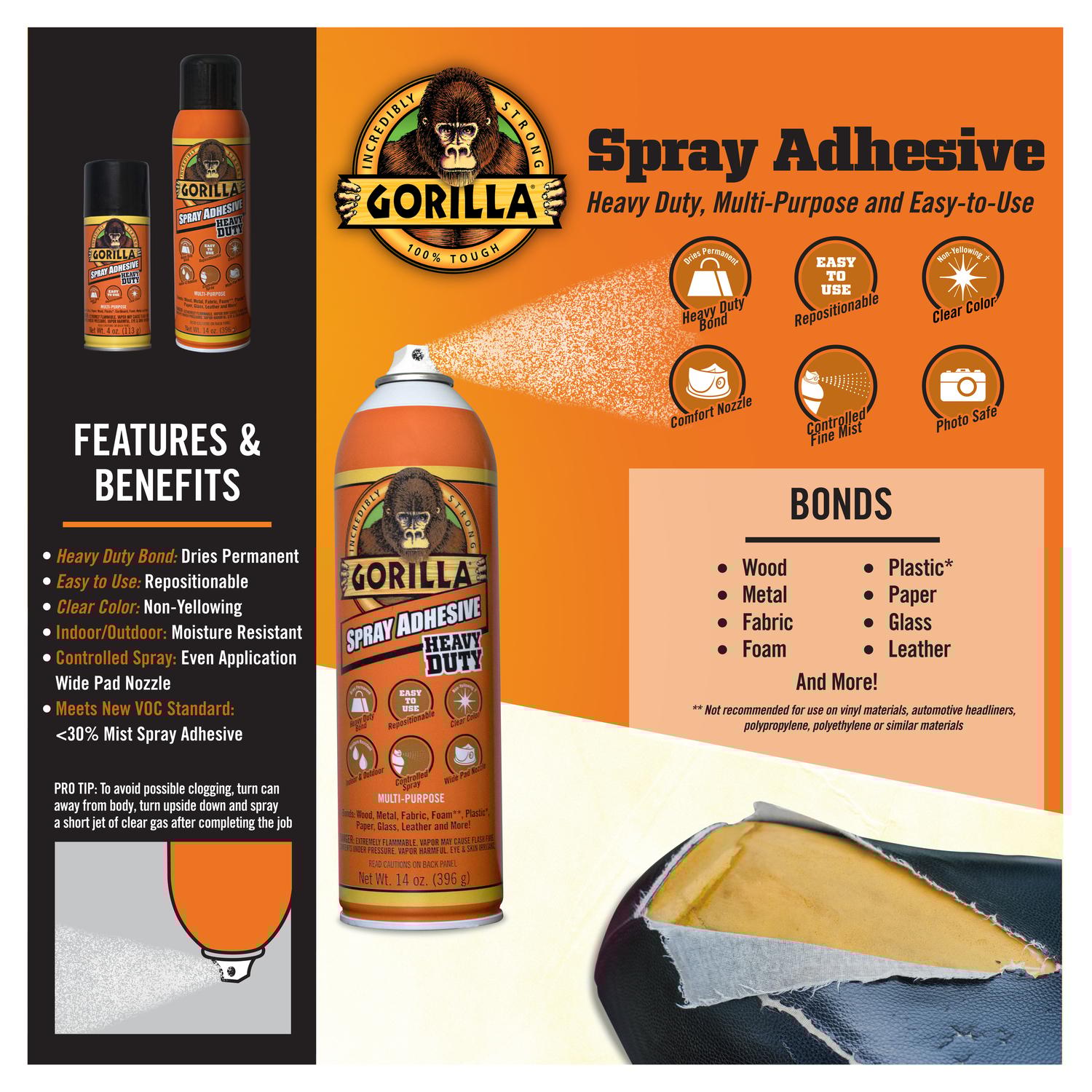 Gorilla Heavy Duty Super Strength Clear Spray Adhesive 4 oz