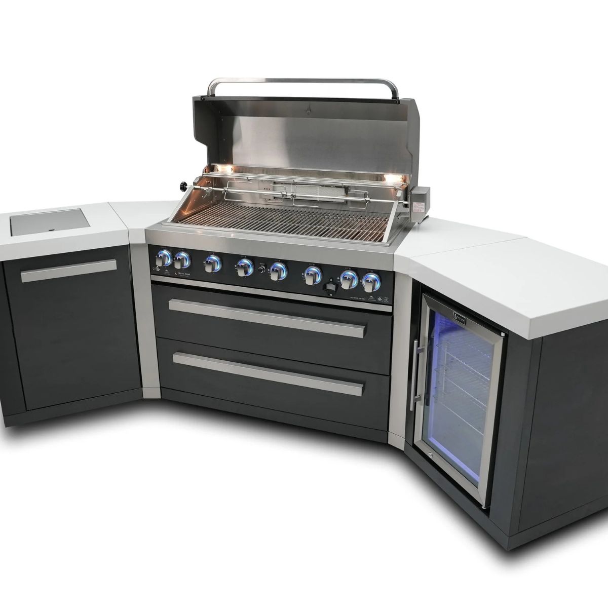 Mont Alpi 805 Black Stainless Steel Island with 45-degree corners and a fridge cabinet