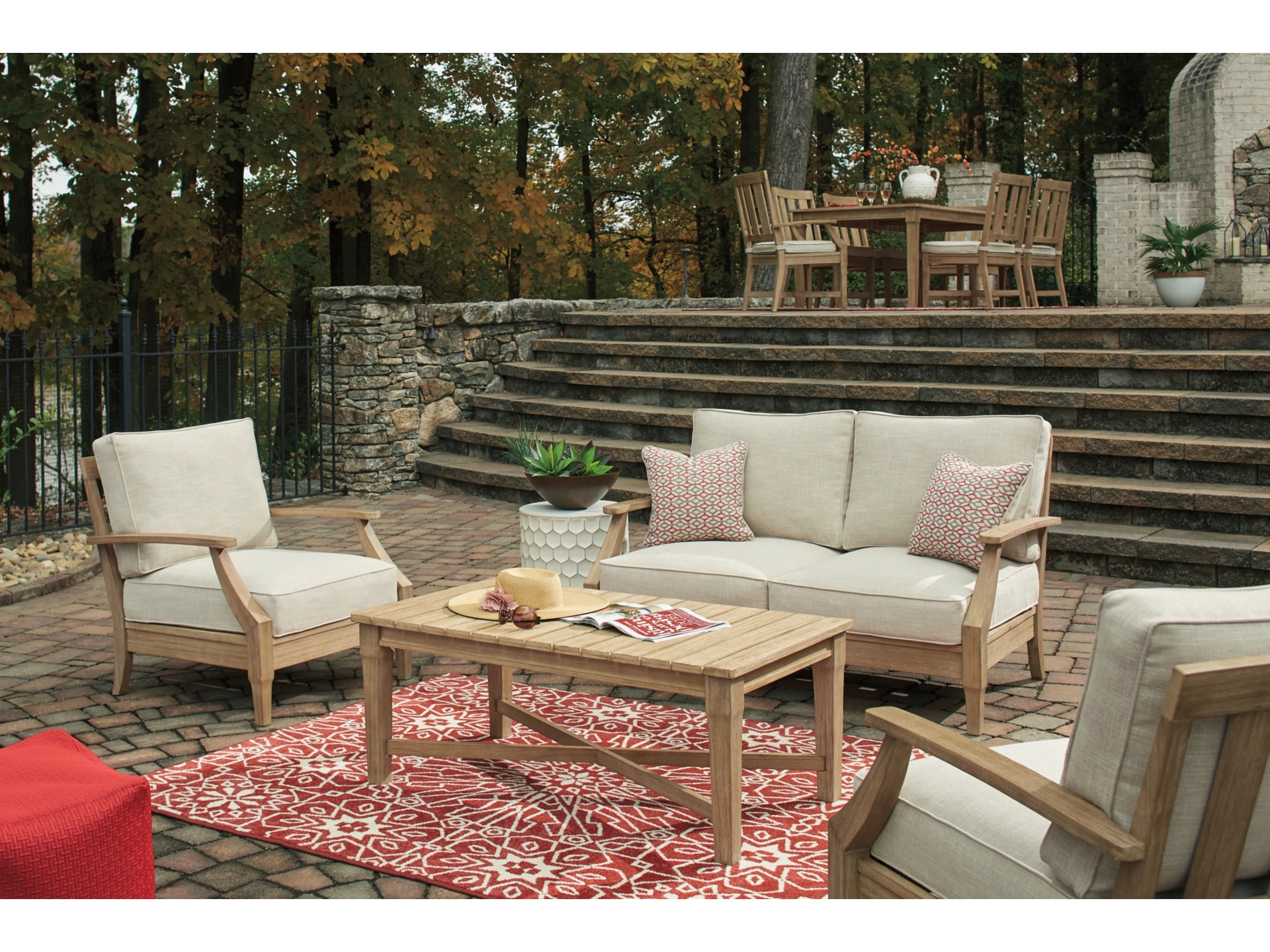 Ashley Clare View Loveseat Patio Set Kit 4 PC Brown Wood