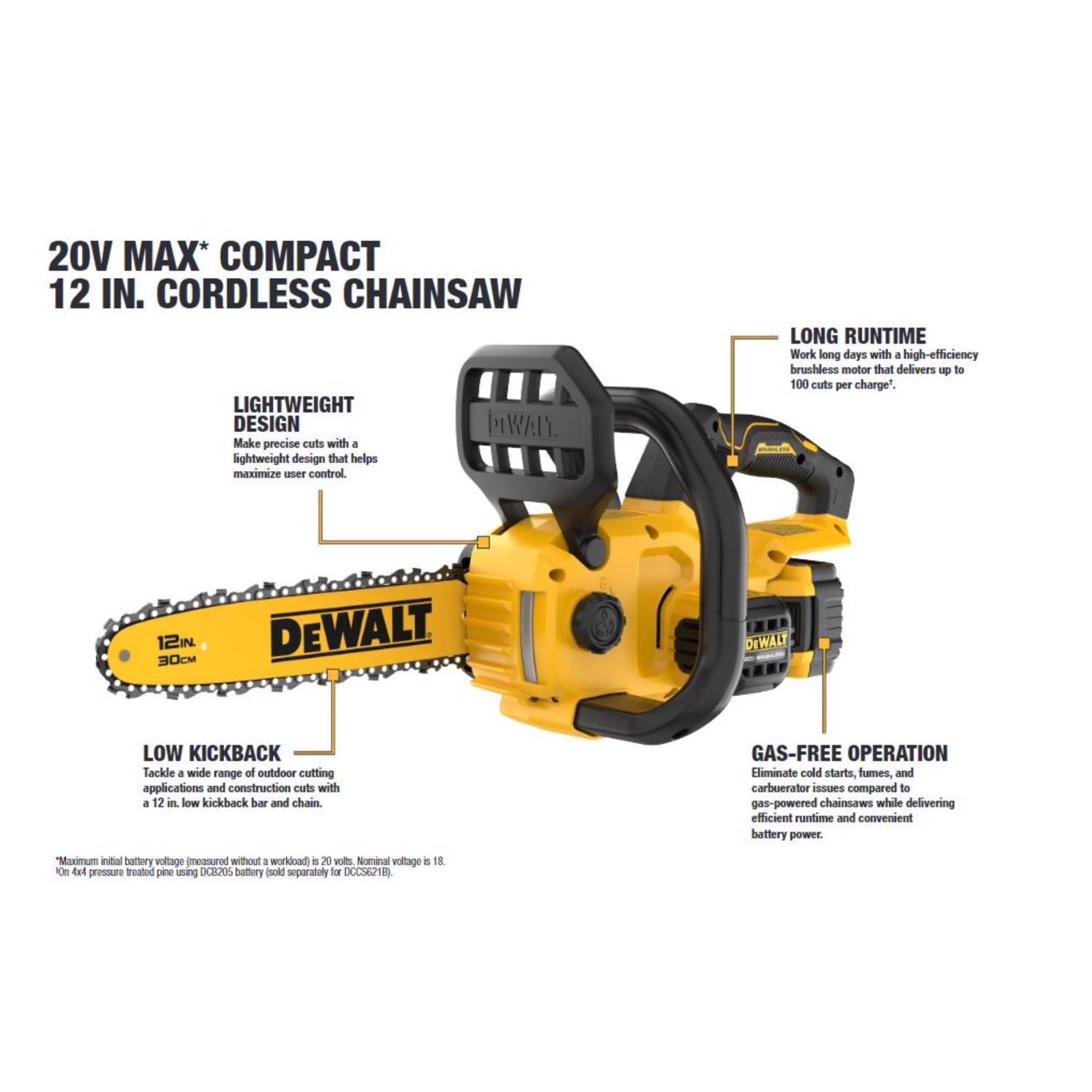 DeWalt 20V MAX* DCCS621P1 12 in. 20 V Battery Chainsaw Kit (Battery & Charger)