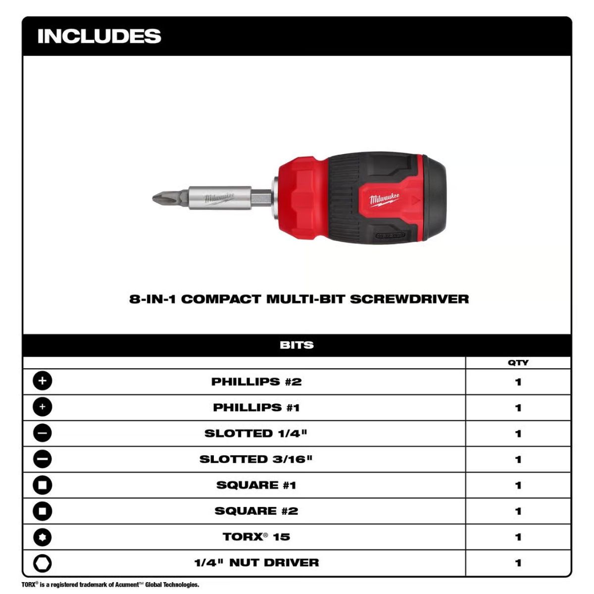 Milwaukee Hex Shank 8-in-1 Compact Multi-Bit Screwdriver 4.69 in. 1 Piece