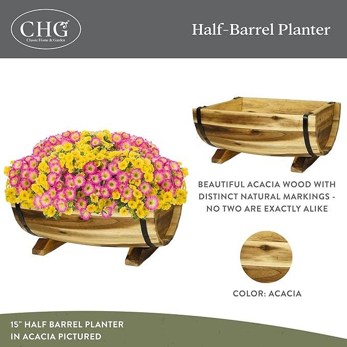 Classic Home & Garden Planters, Acacia Metal Oak Wood, 1 Pack