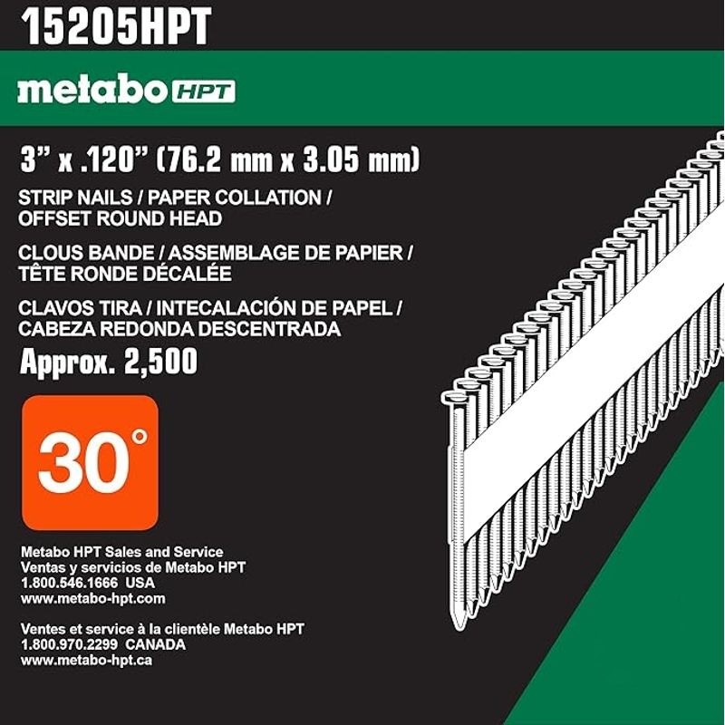Metabo HPT Framing Nails, 3in. x 0.120in., Paper Tape, 2500 Count