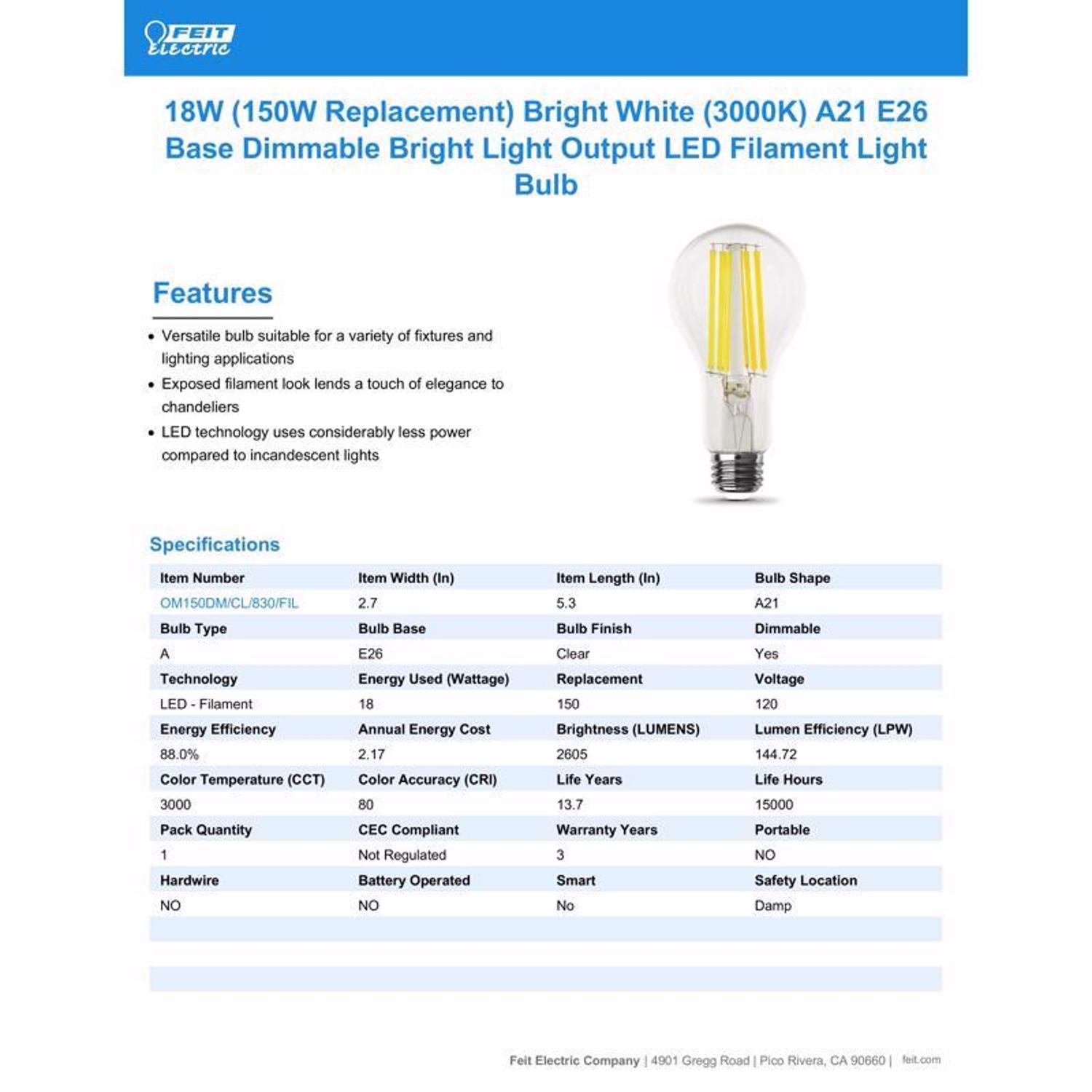 Feit A21 E26 (Medium) Filament LED Bulb Bright White 150 Watt Equivalence 1 Pack