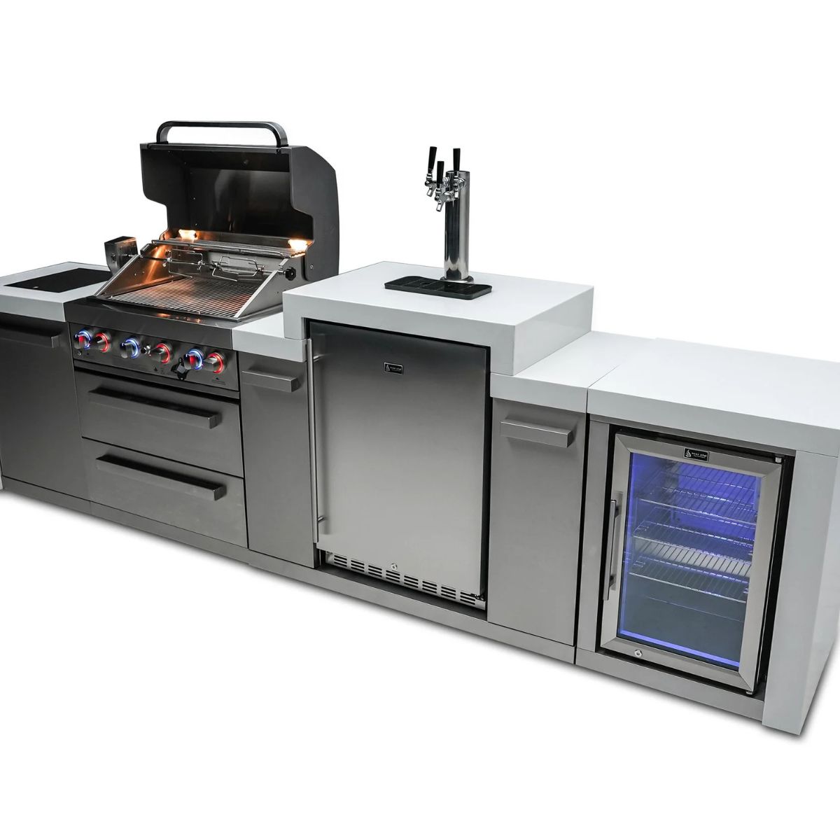 Mont Alpi 4-burner Deluxe Island with a kegerator and fridge cabinet