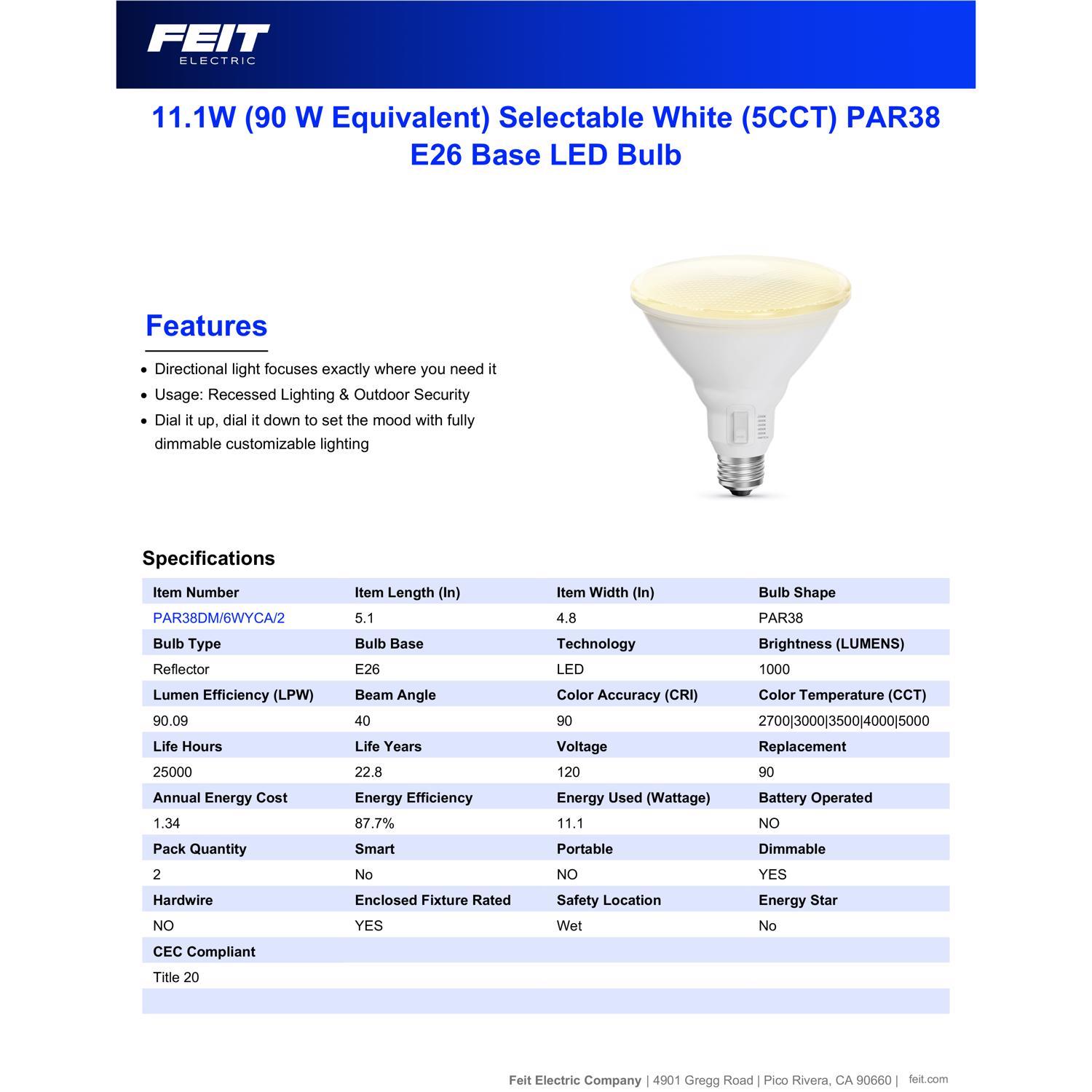 Feit PAR38 E26 (Medium) LED Bulb Adjustable White 90 Watt Equivalence 2 pk