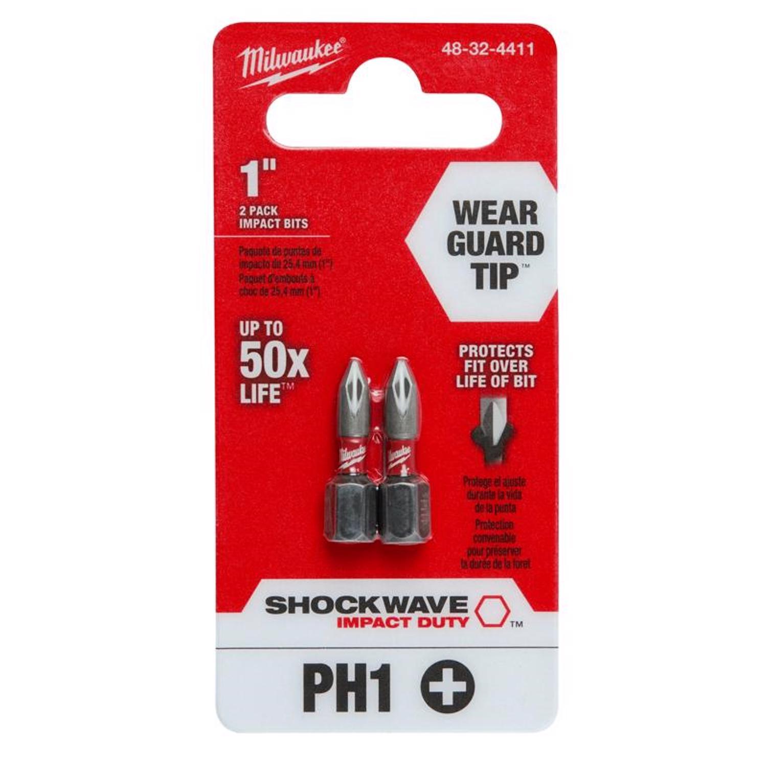 Milwaukee Shockwave Phillips #1 X 1 in. L Impact Insert Bit Steel 2 pk