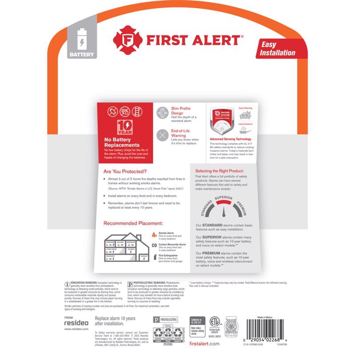 First Alert 2 Pack 10 year Battery-Powered Photoelectric Smoke Detector 2 pk