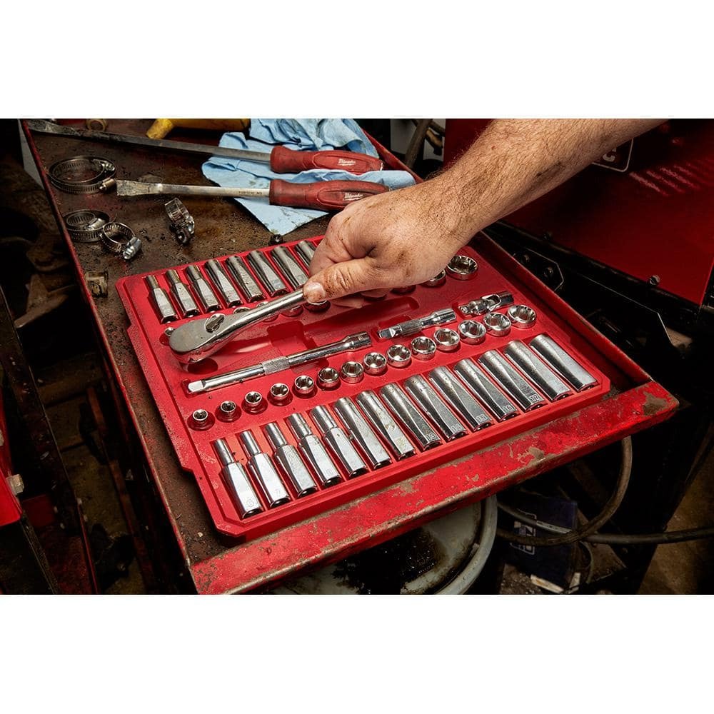 Milwaukee 3/8 in. Drive SAE/Metric Ratchet and Socket Mechanics Tool Set (56-Piece)
