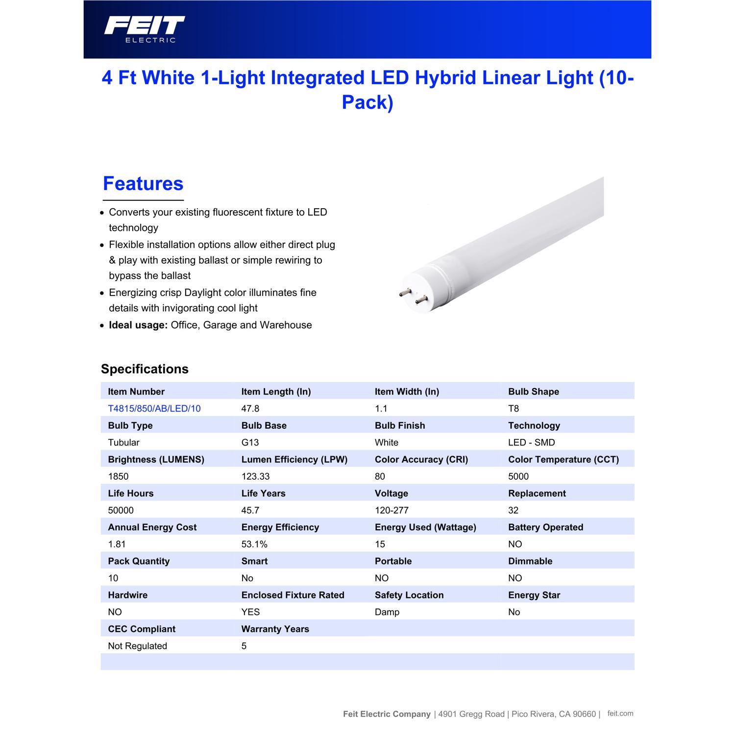 Feit T8 and T12 Daylight 48 in. G13 Linear Plug and Play/Ballast Bypass LED 32 Watt Equivalence 10 p