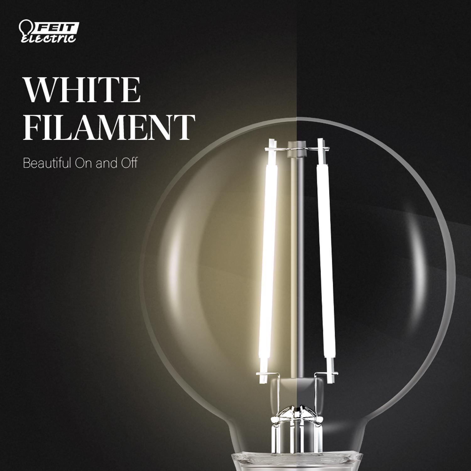 Feit White Filament G16.5 E26 (Medium) Filament LED Bulb Soft White 60 Watt Equivalence 2 pk