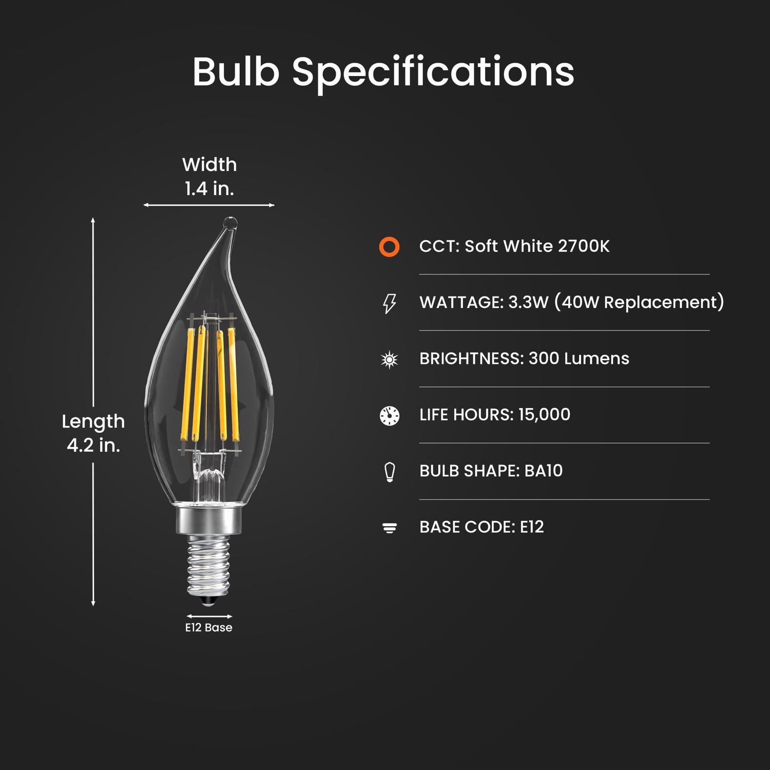 Feit Enhance CA10 (Flame Tip) E12 (Candelabra) Filament LED Bulb Soft White 40 Watt Equivalence 6 pk