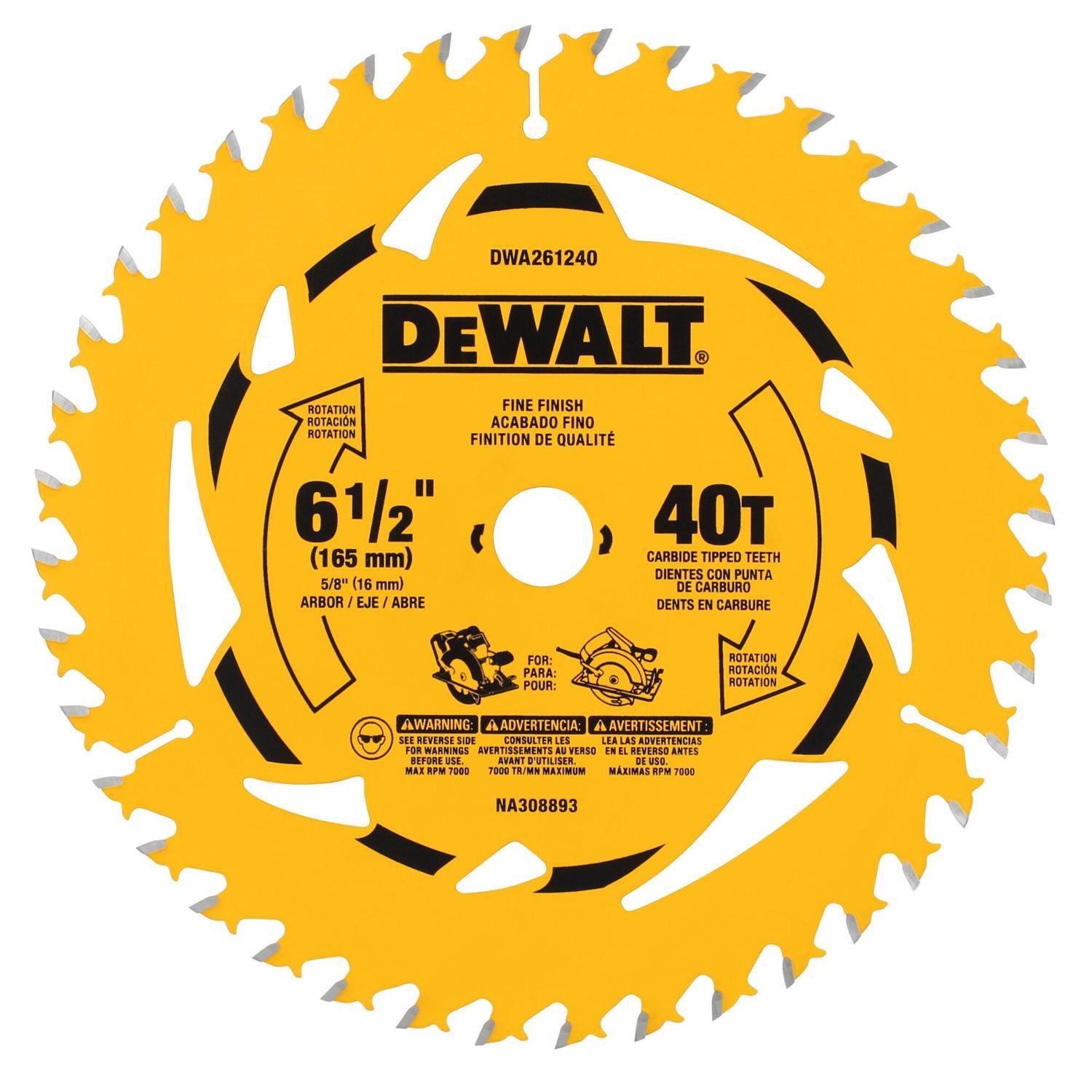 DeWalt 6-1/2 in. D X 5/8 in. Tungsten Carbide Tipped Circular Saw Blade 40 teeth 1 Pack