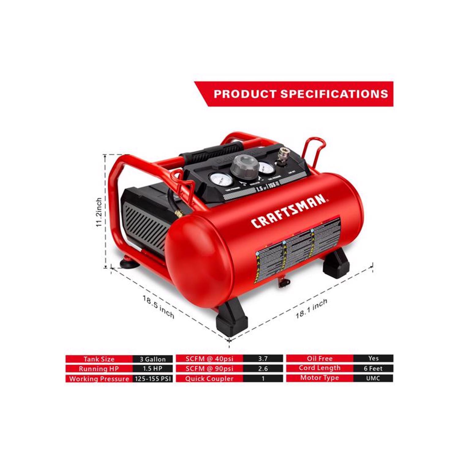 Craftsman 3 gal Horizontal Portable Air Compressor 155 psi 1.5 HP