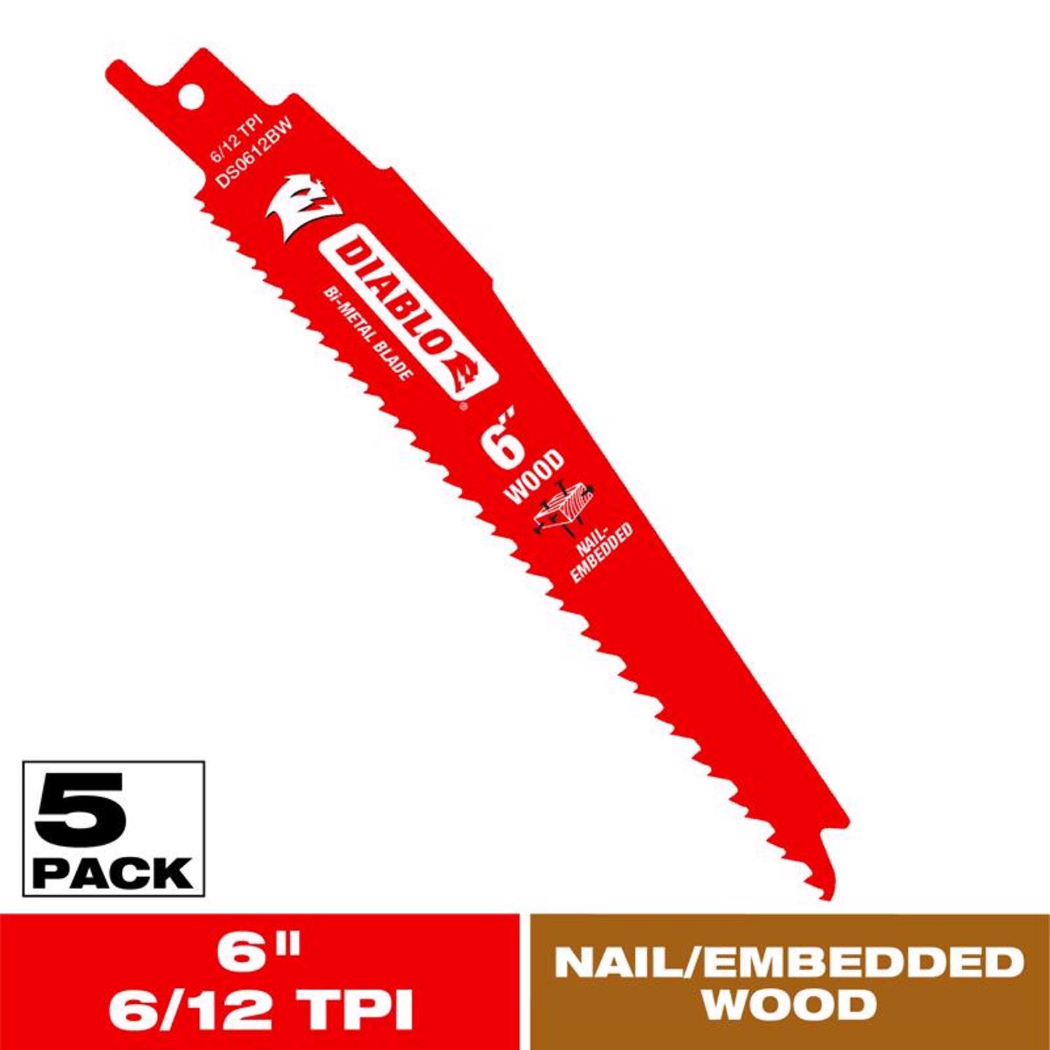 Diablo Demo Demon 6 in. Bi-Metal Nail-Embedded Wood Reciprocating Saw Blade 6/12 TPI 5 pk