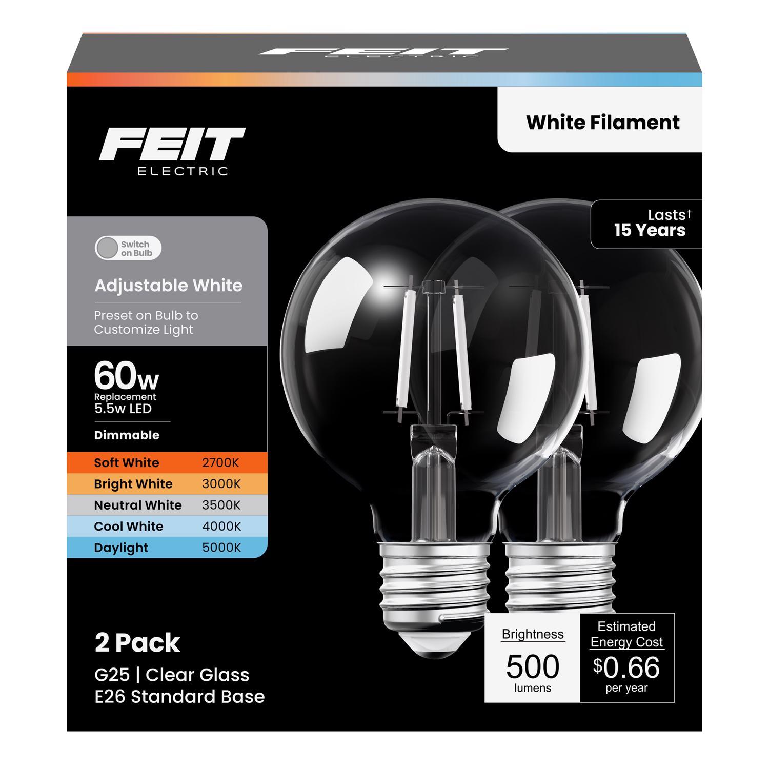 Feit G25 E26 (Medium) LED Bulb Adjustable White 60 Watt Equivalence 2 Pack