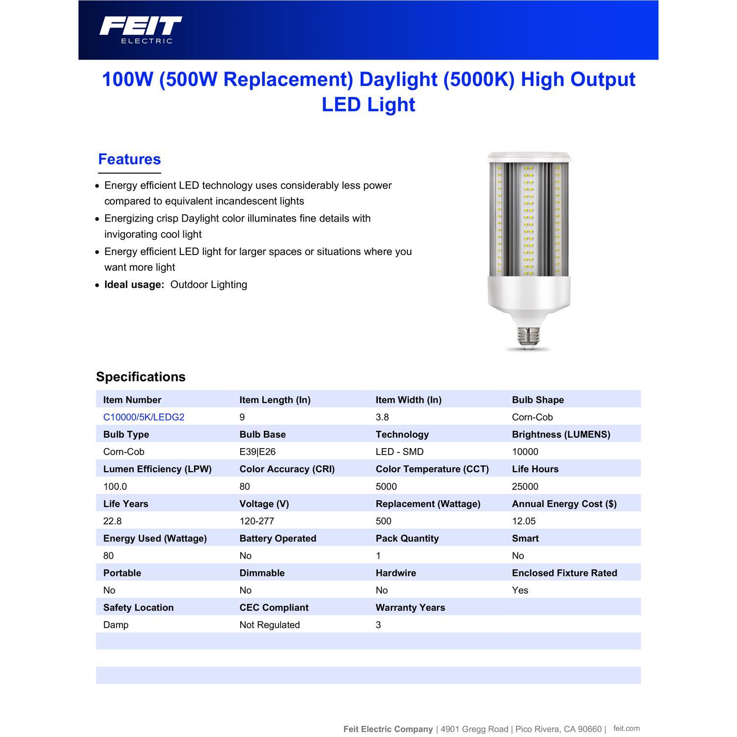 Feit Corn Cob E26 (Medium) LED Bulb Daylight 500 Watt Equivalence 1 pk
