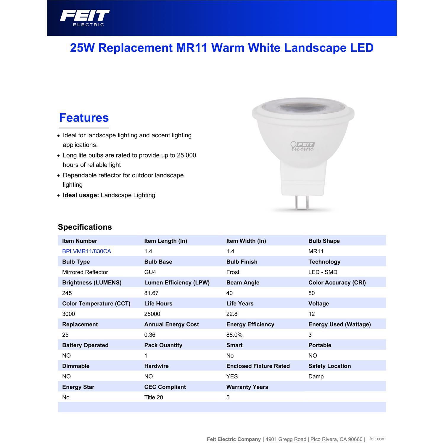 Feit MR11 GU4 LED Bulb Warm White 25 Watt Equivalence 1 pk