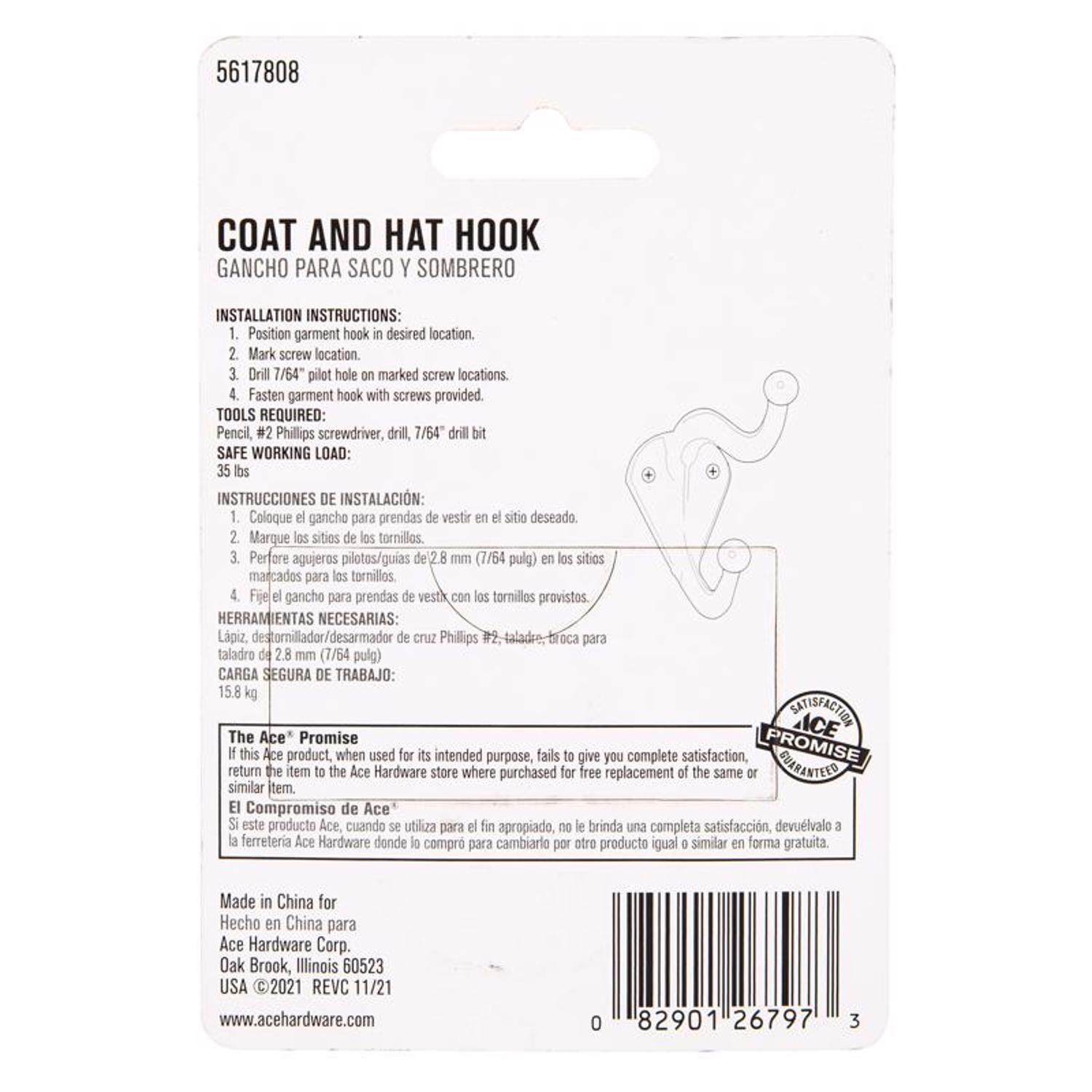 Ace 2-5/16 in. L Satin Nickel Silver Metal Small Coat and Hat Hook 2 pk