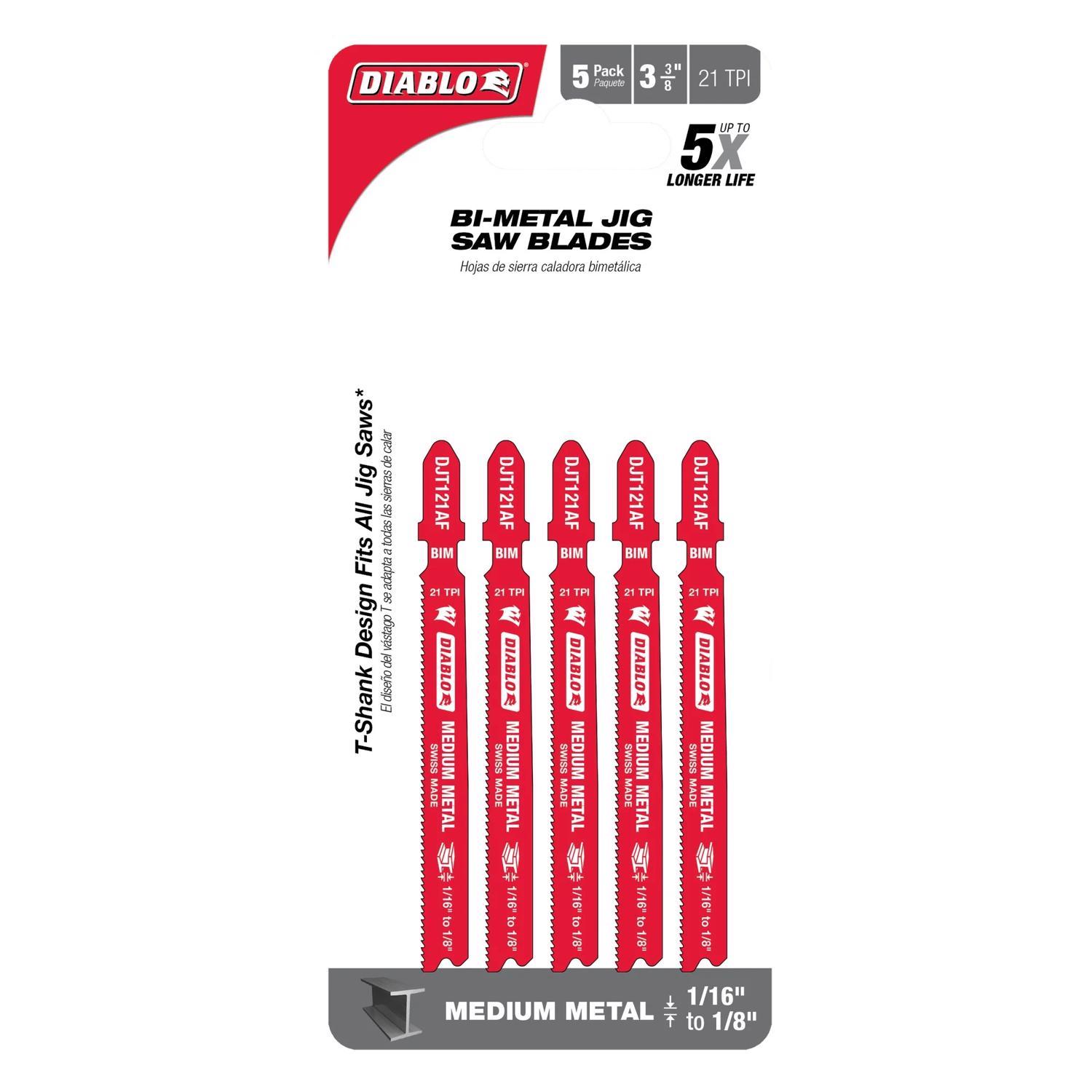 Diablo 3-5/8 in. Bi-Metal T-Shank Medium Metal Jig Saw Blade 21 TPI 5 pk