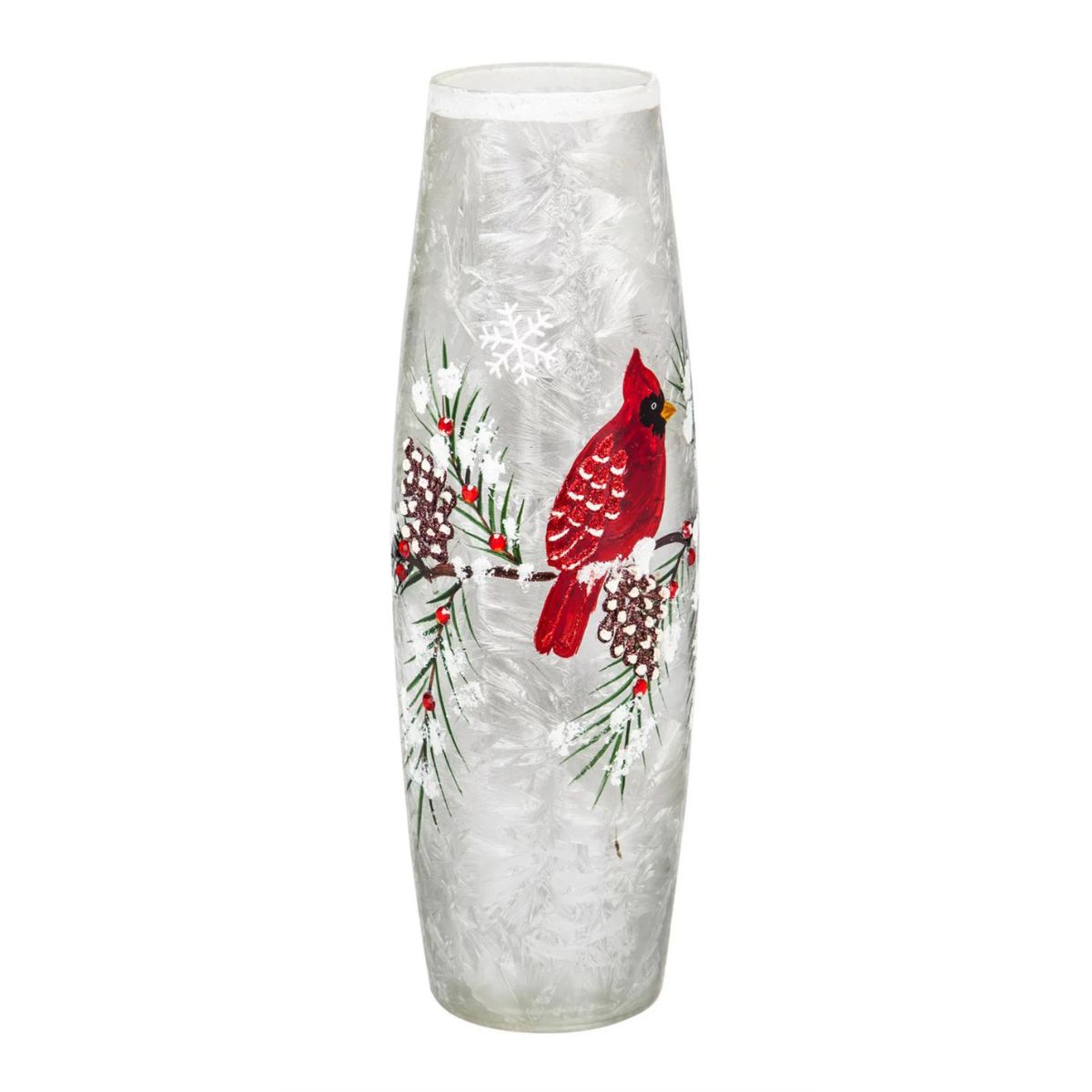 Evergreen LED Glass Hand painted Cardinal and Pinecone Cylinder