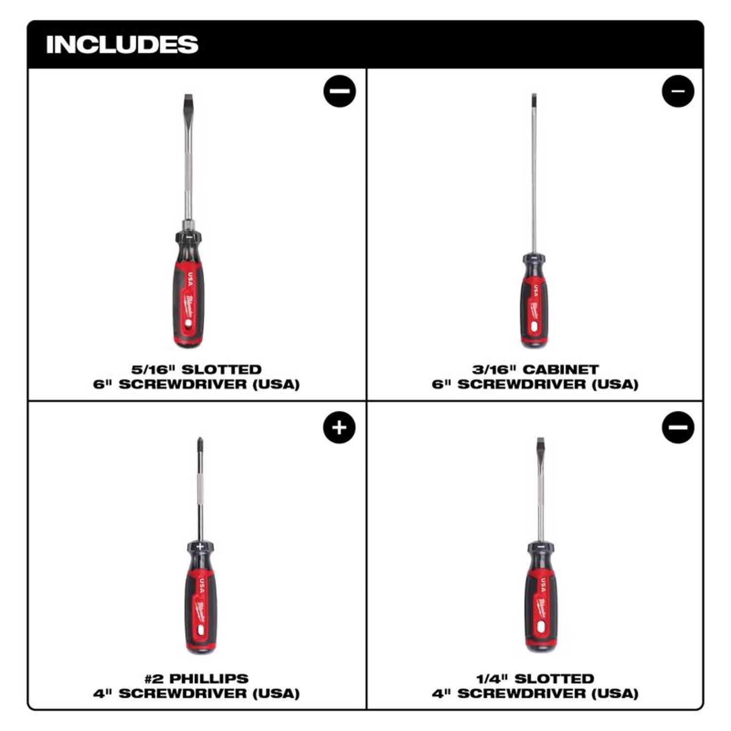 Milwaukee Made in USA Cushion Grip Phillips & Slotted Screwdriver Set 4 pc