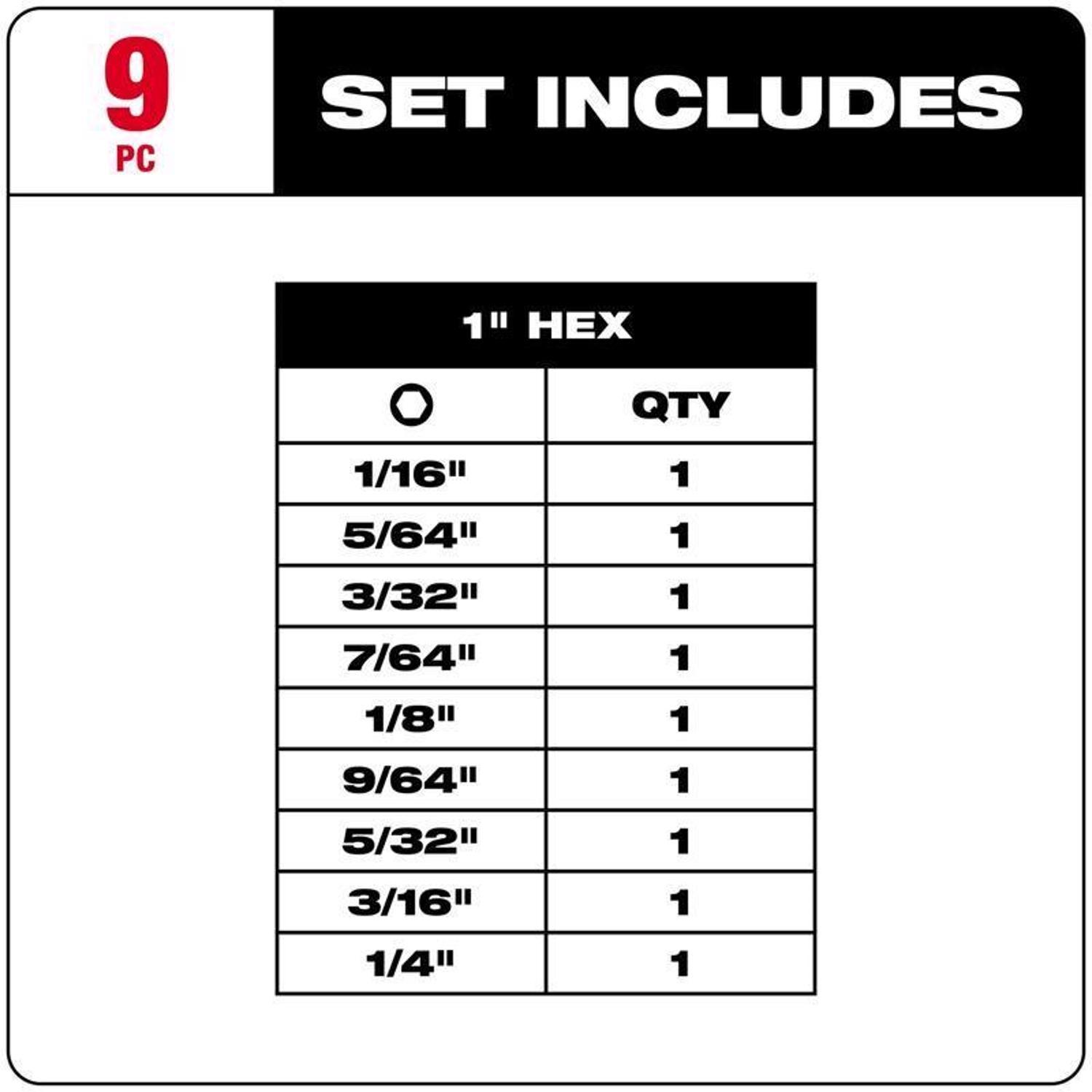 Milwaukee Shockwave Hex 1 in. L Impact Insert Bit Set Steel 9 pc