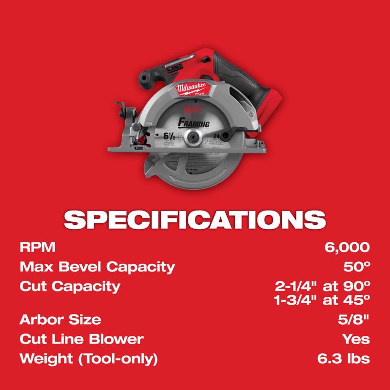 Milwaukee M18 FUEL M18 6 amps 6-1/2 in. Cordless Brushless Circular Saw Tool Only