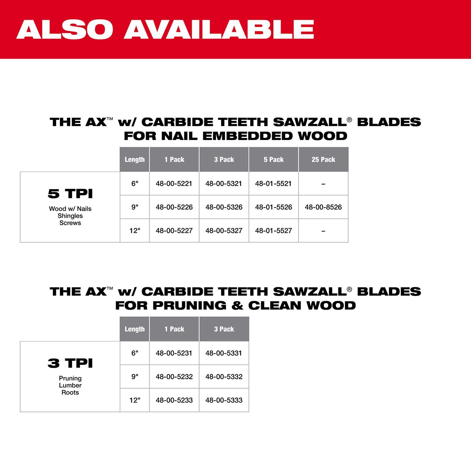 Milwaukee AX Sawzall 6 in. Carbide Pruning & Clean Wood Reciprocating Saw Blade 3 TPI 1 pk