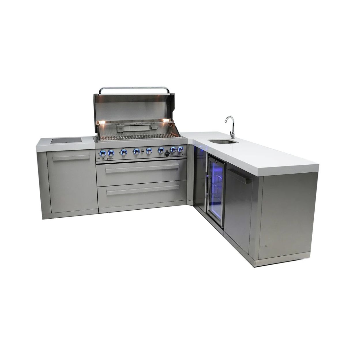 Mont Alpi 805 Island with Beverage Center and 90 Degree Corner / 6-Burner Grill, 2 Infrared Burners, Sink, Fridge, Stainless Steel