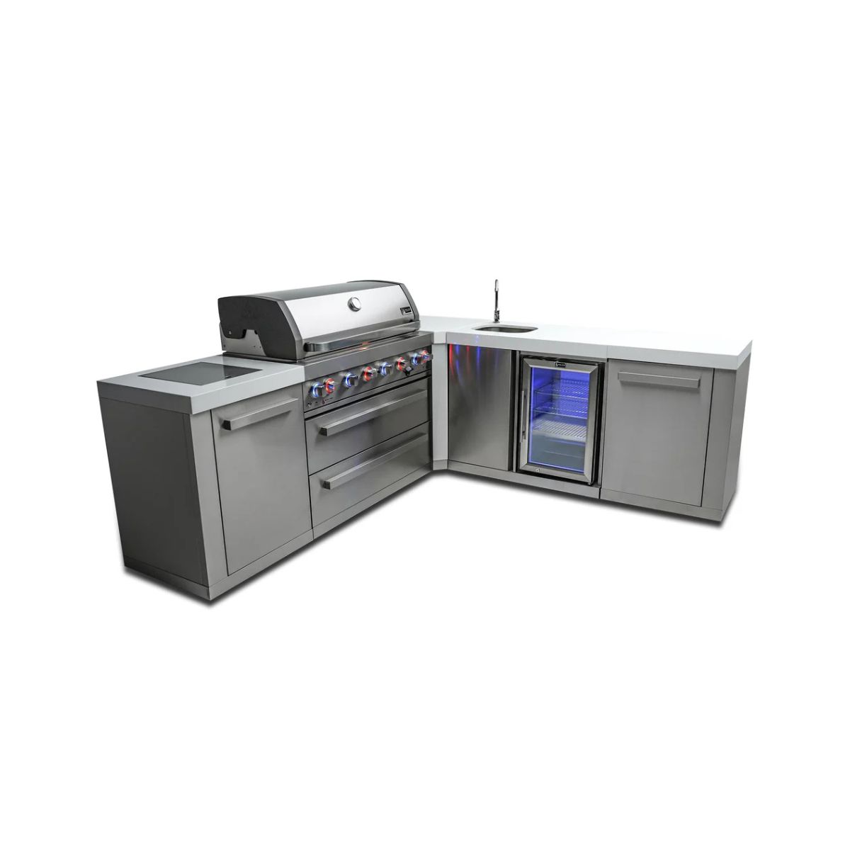 Mont Alpi 805 Island with Beverage Center and 90 Degree Corner / 6-Burner Grill, 2 Infrared Burners, Sink, Fridge, Stainless Steel