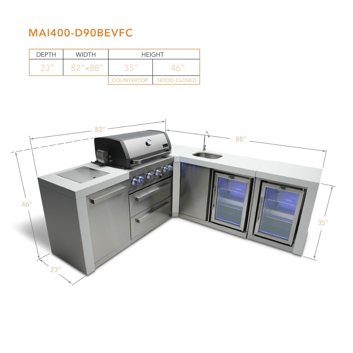 Mont Alpi 4-Burner Deluxe Island with a 90-degree corner, Beverage Center, and Fridge Cabinet
