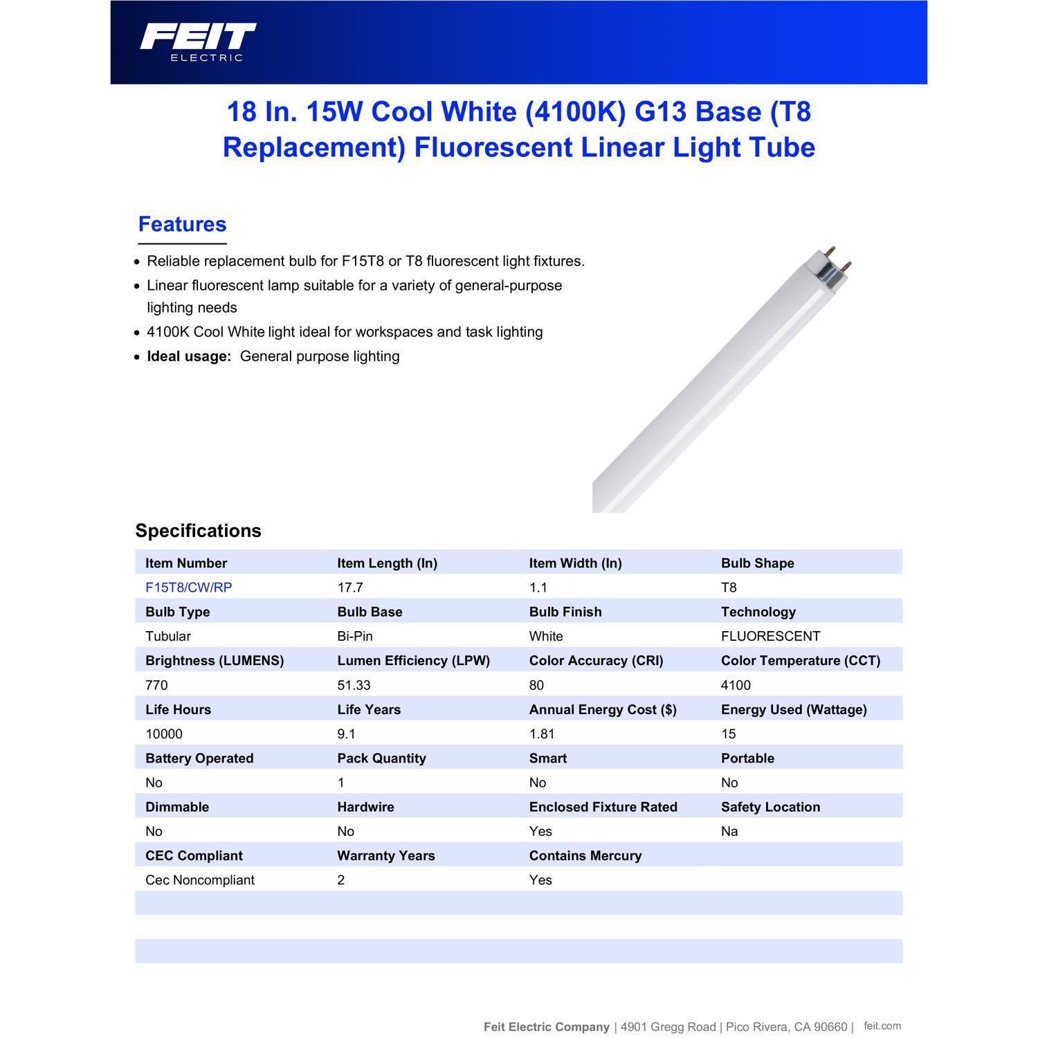 Feit Legacy Bulbs 15 W T8 1.1 in. D X 17.7 in. L Fluorescent Bulb Cool White Linear 4100 K 1 pk