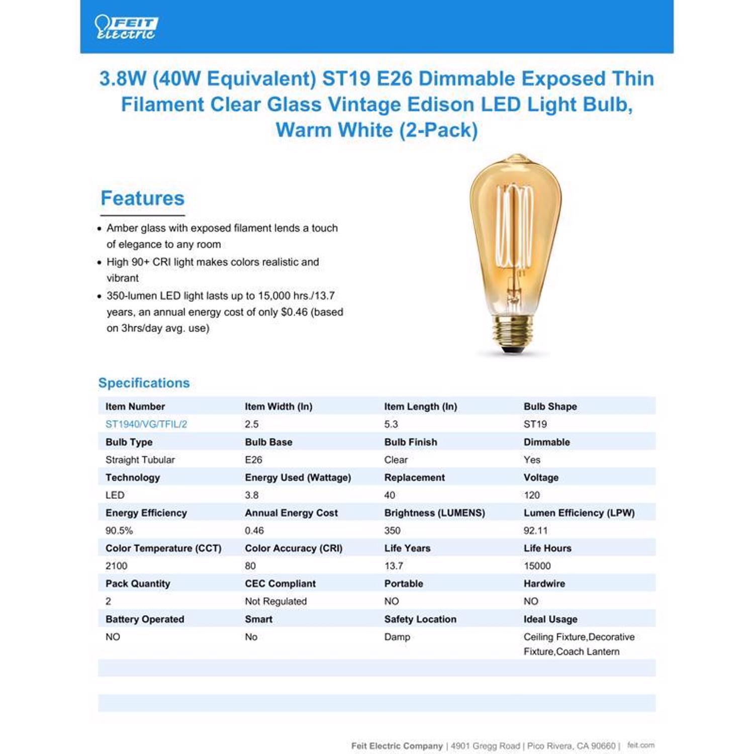 Feit ST19 E26 (Medium) Filament LED Bulb Warm White 40 Watt Equivalence 2 pk