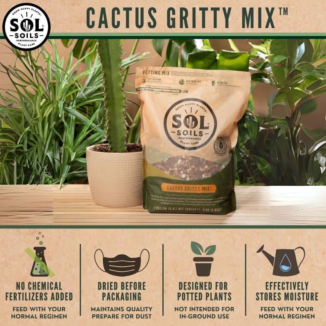 Sol Soils Gritty Cactus Soil Potting Mix - Fast Draining and Peat Moss Free with Coconut Husk Chips, Granite, Calcined Clay & Pumice for Indoor and Outdoor Plants - 2 Quarts