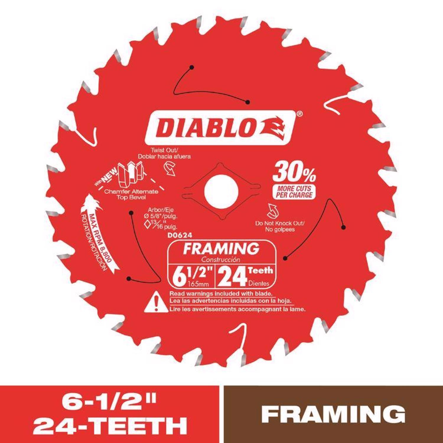 Diablo Tracking Point 6-1/2 in. D X 5/8 in. TiCo Hi-Density Carbide Framing Blade 24 teeth 1 pk