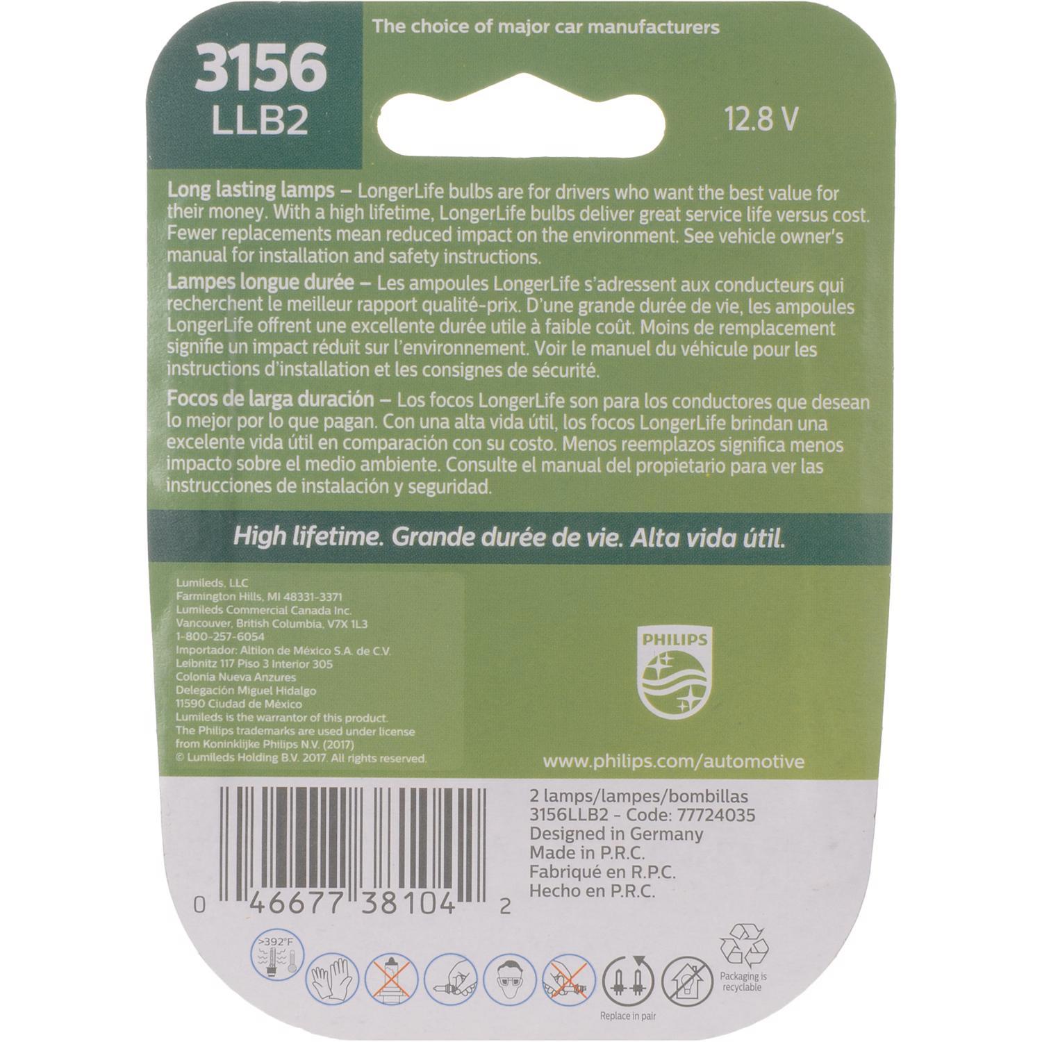 Philips LongerLife Incandescent Back-Up/Stop/Trunk Miniature Automotive Bulb 3156LLB2