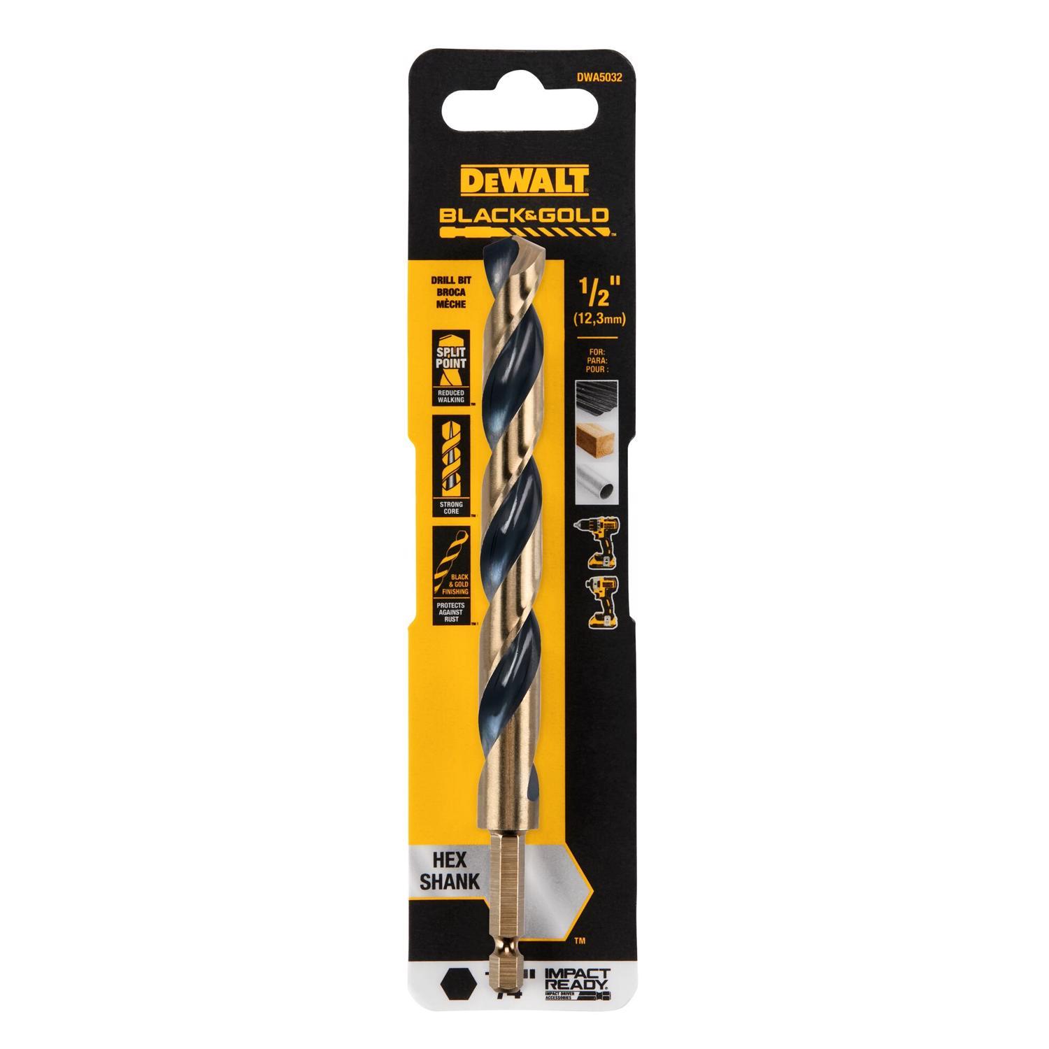 DEWALT Black & Gold 1/2 in. High Speed Steel Impact Ready Drill Bit Hex Shank 1 pk