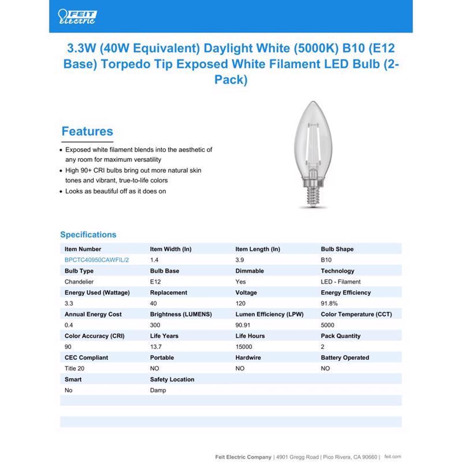 Feit White B10 E12 (Candelabra) Filament LED Bulb Daylight 40 Watt Equivalence 2 pk