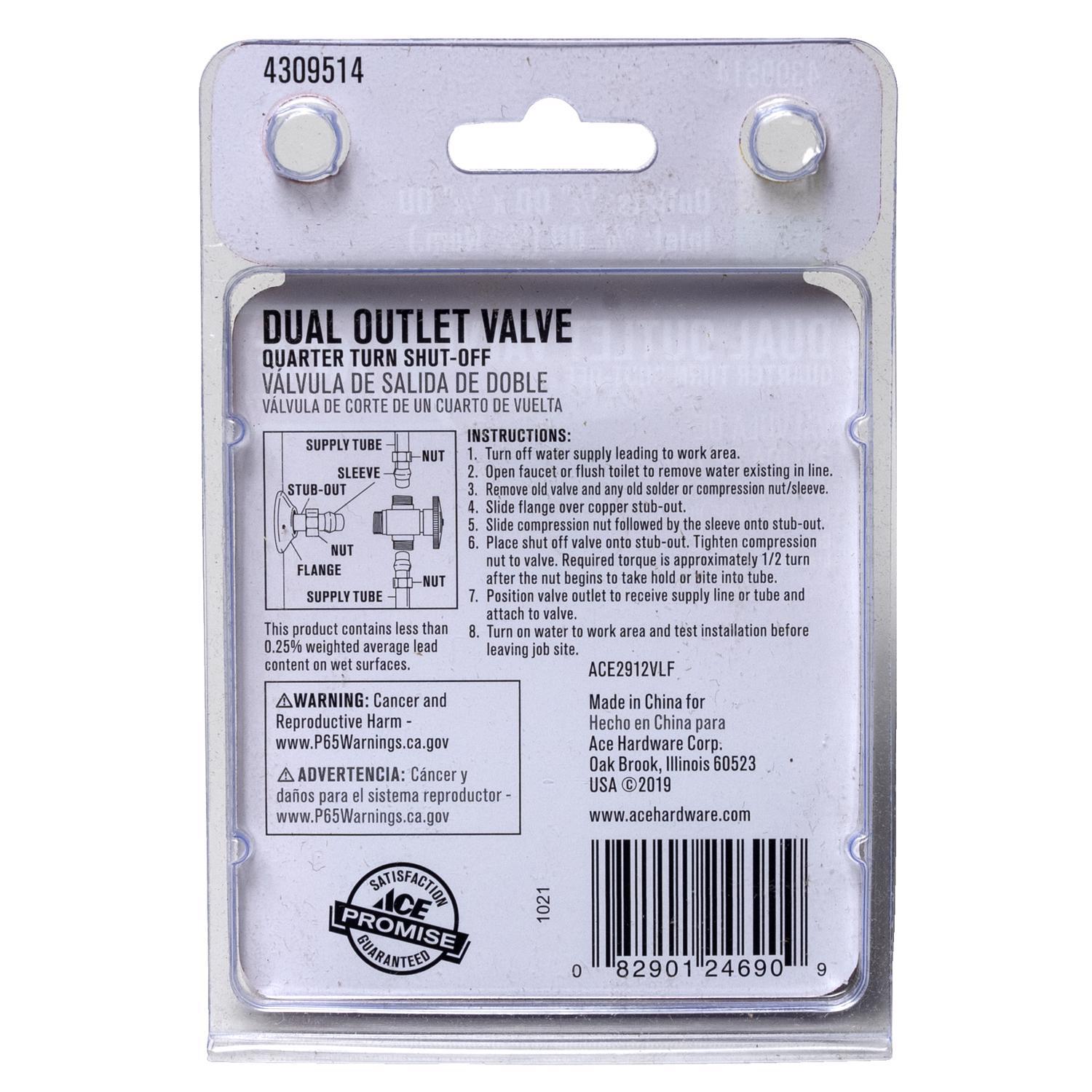 Ace 5/8 in. FPT T X 1/2 in. S Brass Dual Shut-Off Valve