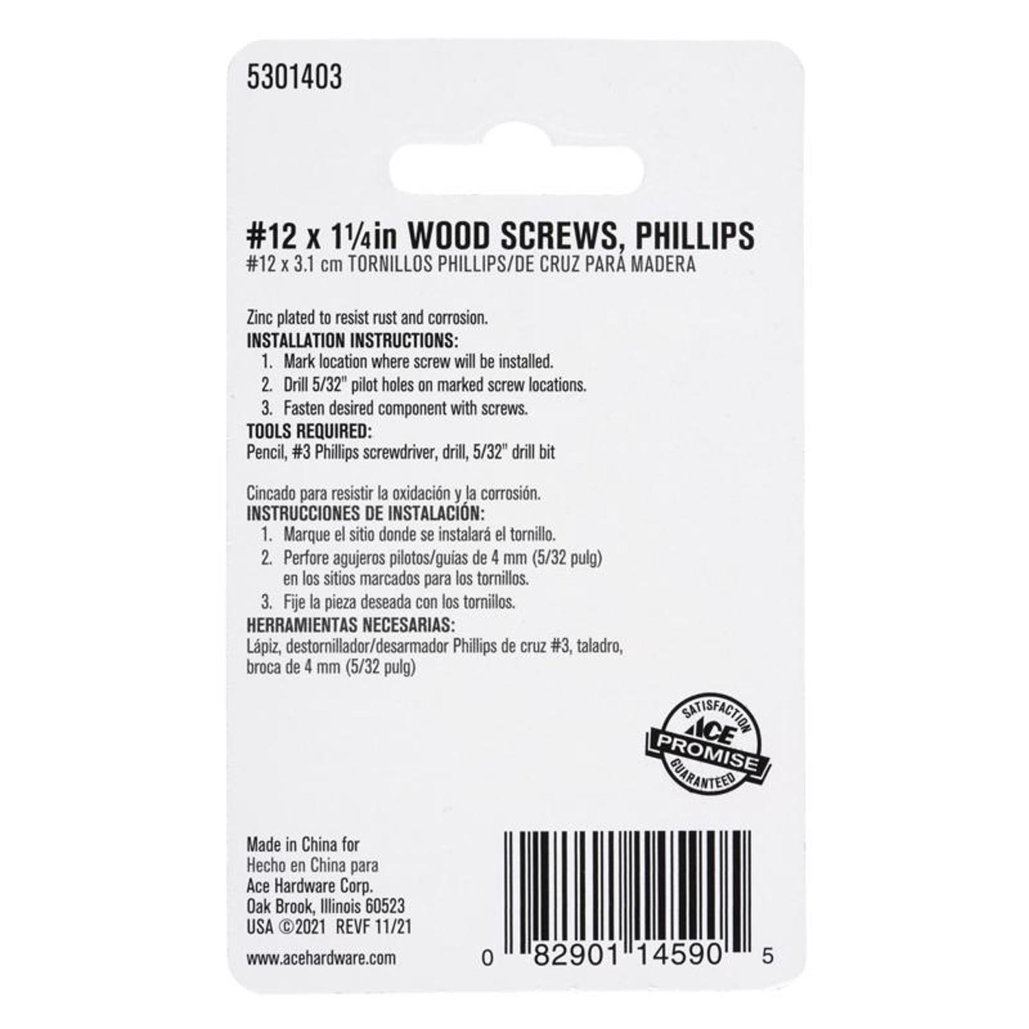Ace No. 12 X 1-1/4 in. L Phillips Zinc-Plated Coarse Wood Screws 18 pk
