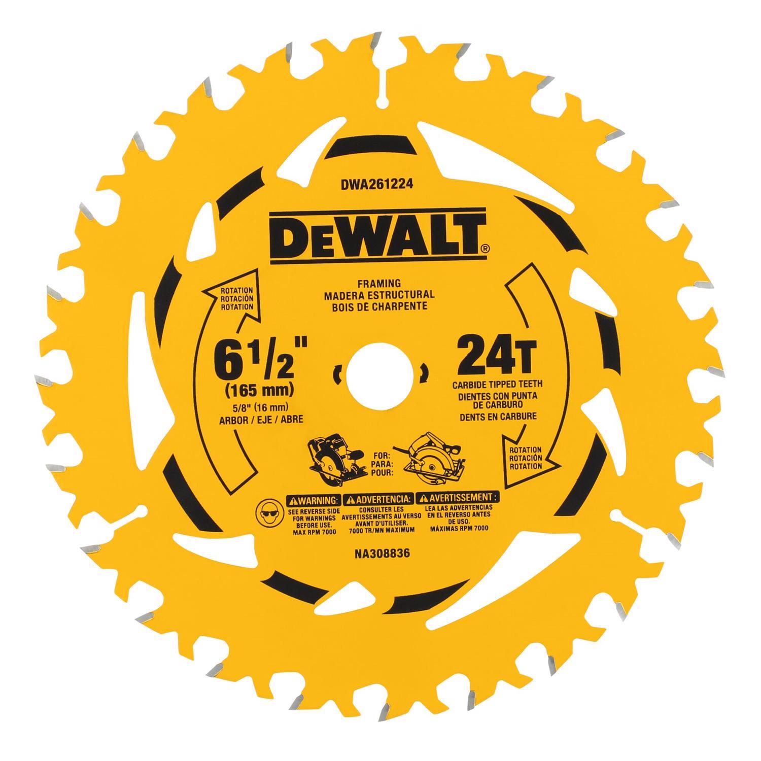 DEWALT 6-1/2 in. D X 5/8 in. Tungsten Carbide Tipped Circular Saw Blade 24 teeth 1 pk
