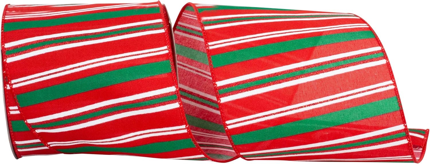Reliant Ribbon Cross Stripe Glitter Christmas Wired Edge Ribbon, Red/Green