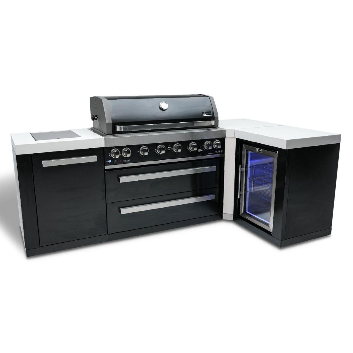 Mont Alpi 805 Black Stainless Steal island with 90-degree corner and a fridge cabinet MAI805-BSS90FC