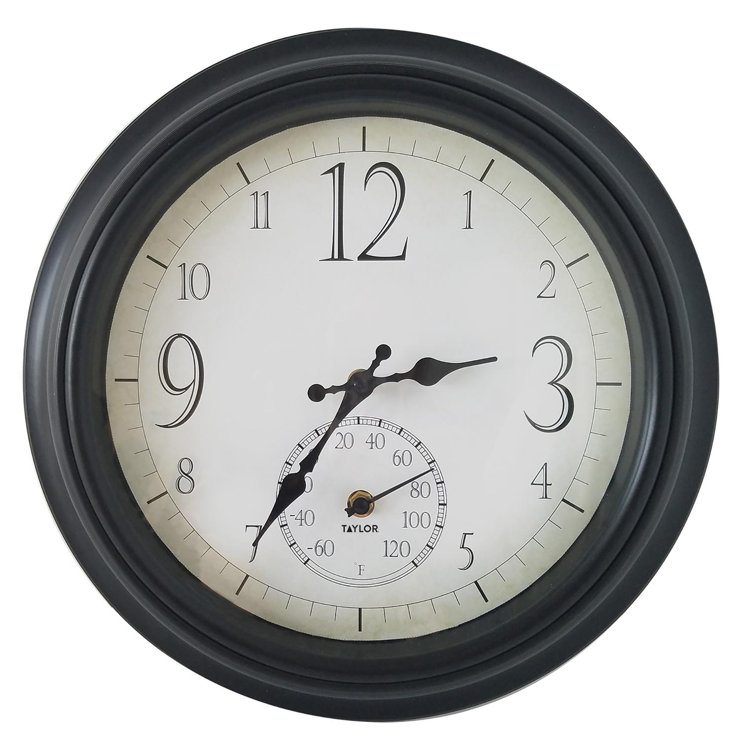 Taylor Decorative Clock/Thermometer Plastic Black 14 in.
