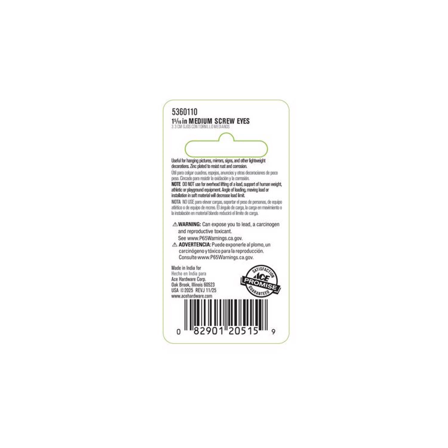 Ace 5/32 in. D X 1-5/16 in. L Zinc-Plated Steel Screw Eye 55 lb. cap. 8 pk